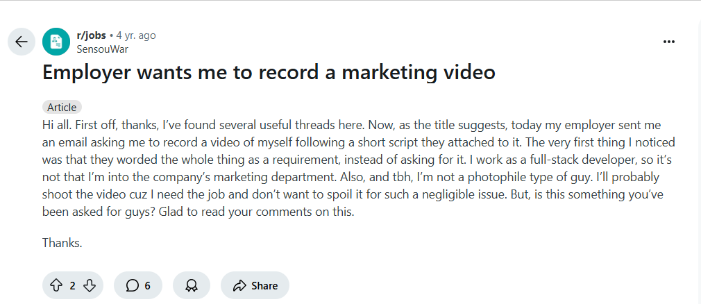 Reddit-thread-talking-about-employer-branding-video